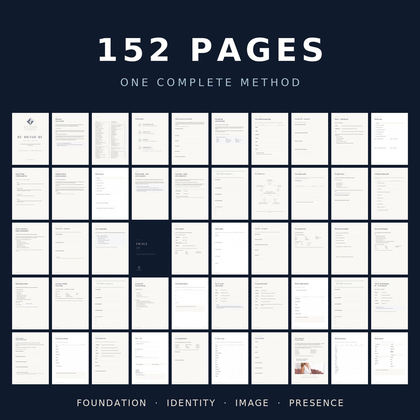 152 pages, one complete method — Foundation, Identity, Image and Presence page overview.