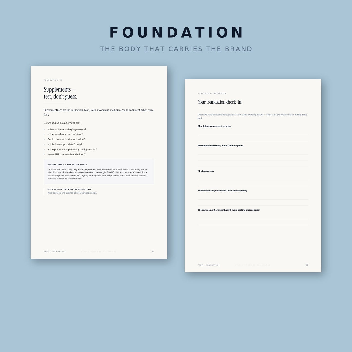 Foundation pillar preview — health, energy and lifestyle pages from the RE-BRAND ME workbook.