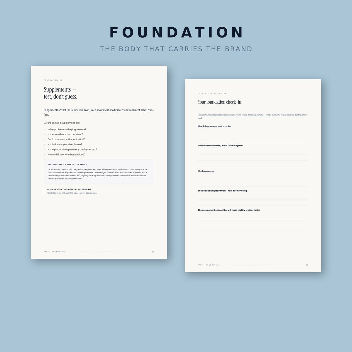Foundation pillar preview — health, energy and lifestyle pages from the RE-BRAND ME workbook.