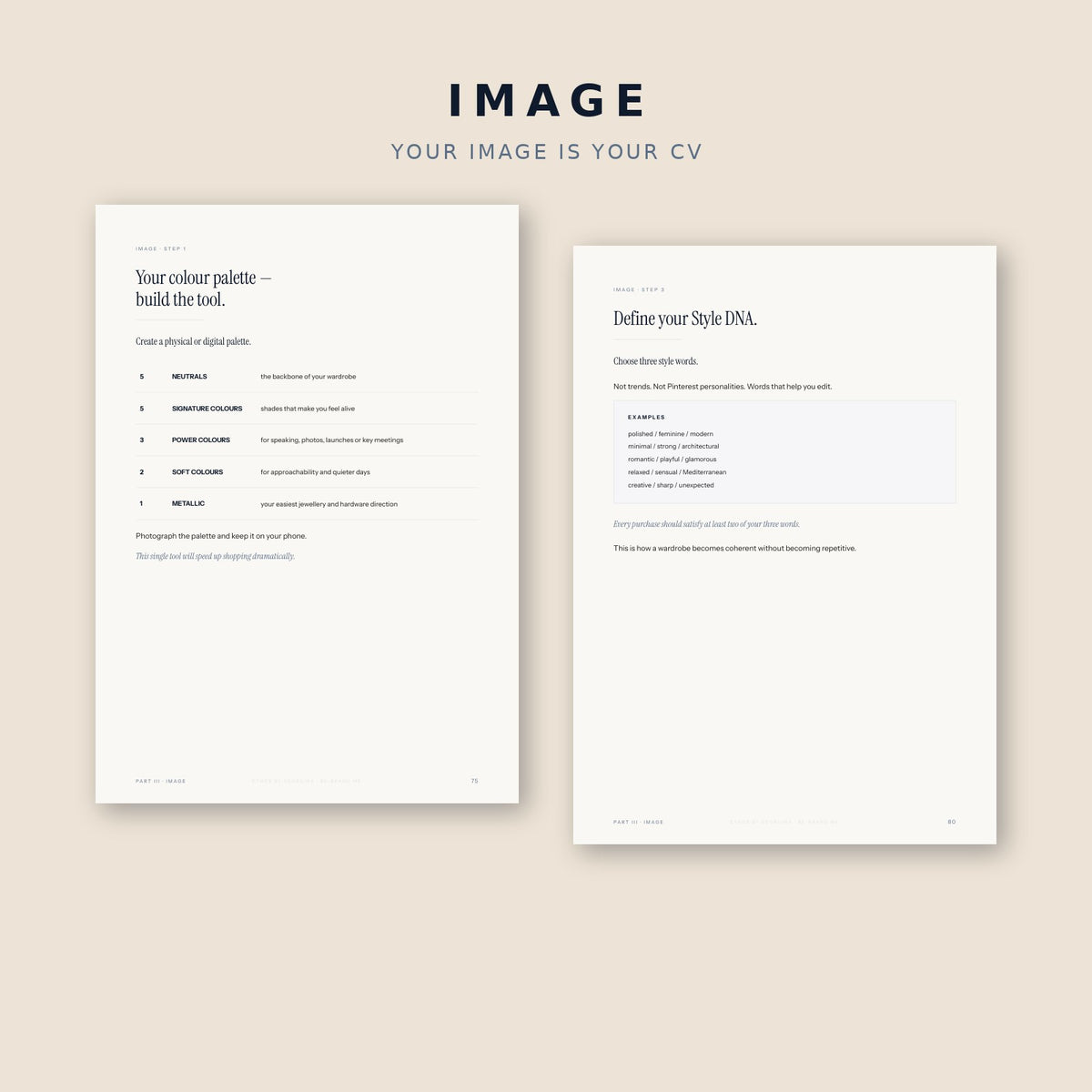 Image pillar preview — personal colour palette and Style DNA pages from the RE-BRAND ME workbook.