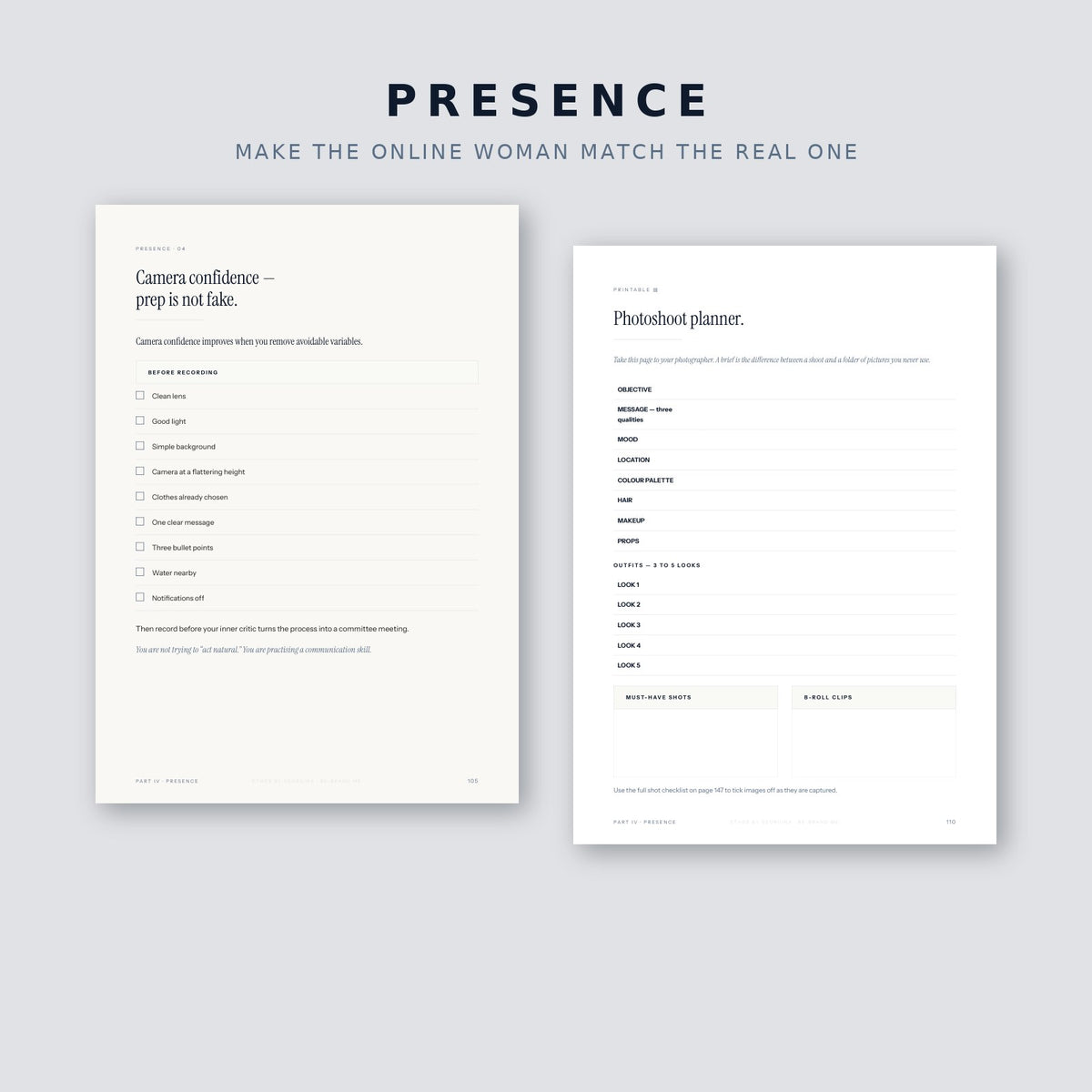 Presence pillar preview — camera confidence and personal brand photoshoot planner pages.