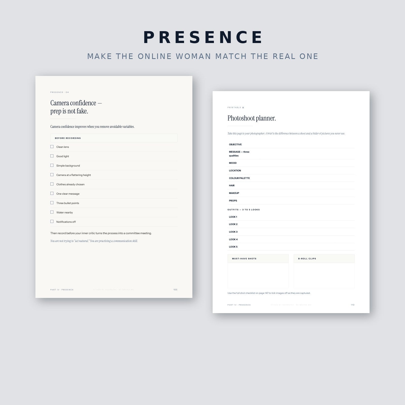 Presence pillar preview — camera confidence and personal brand photoshoot planner pages.