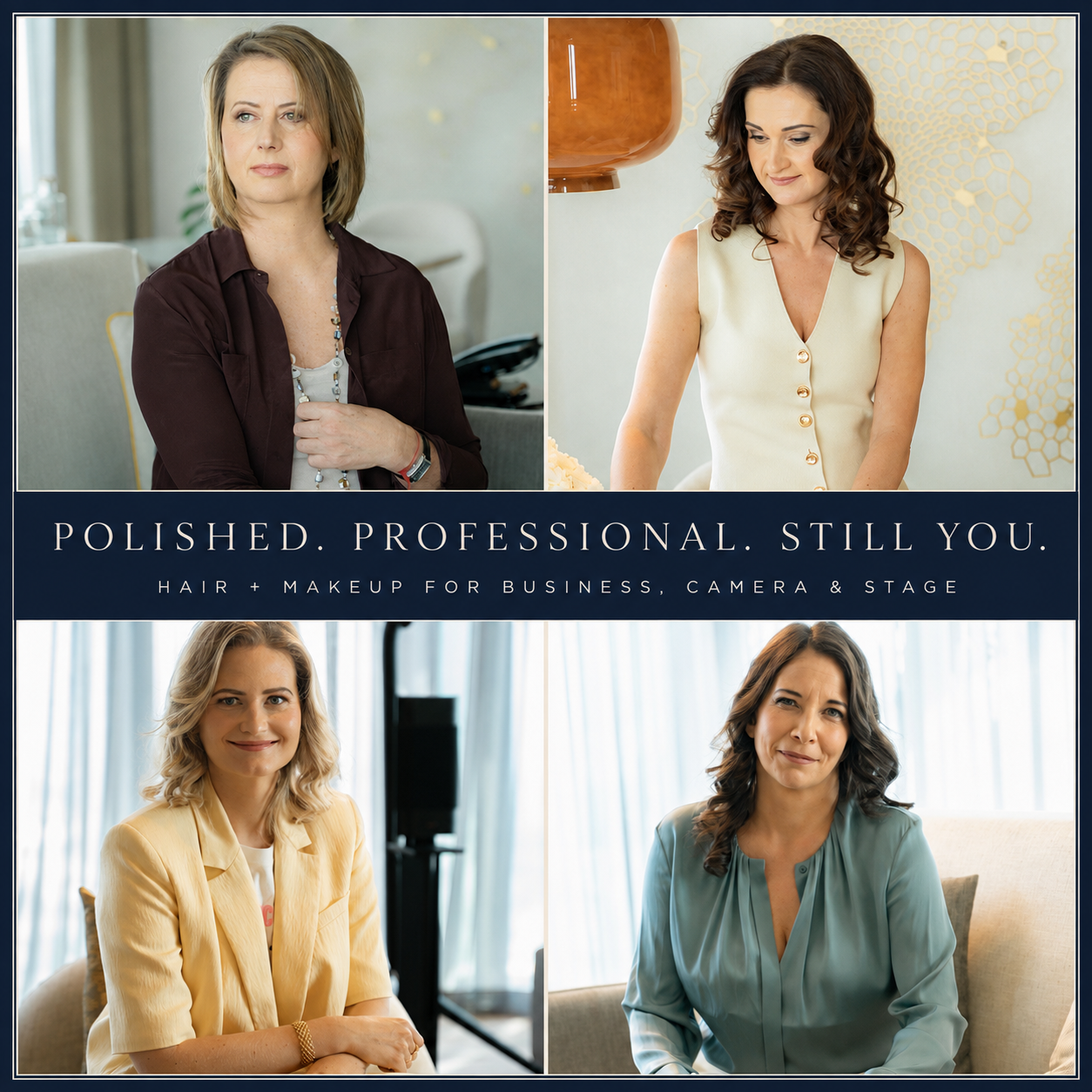 Four professional women with completed camera-ready hair and makeup styling