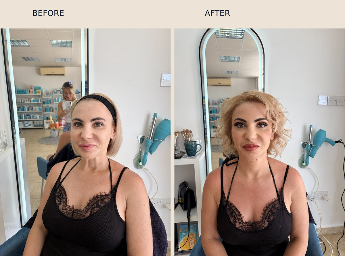 Manuela before and after professional makeup and hair styling by Georgina