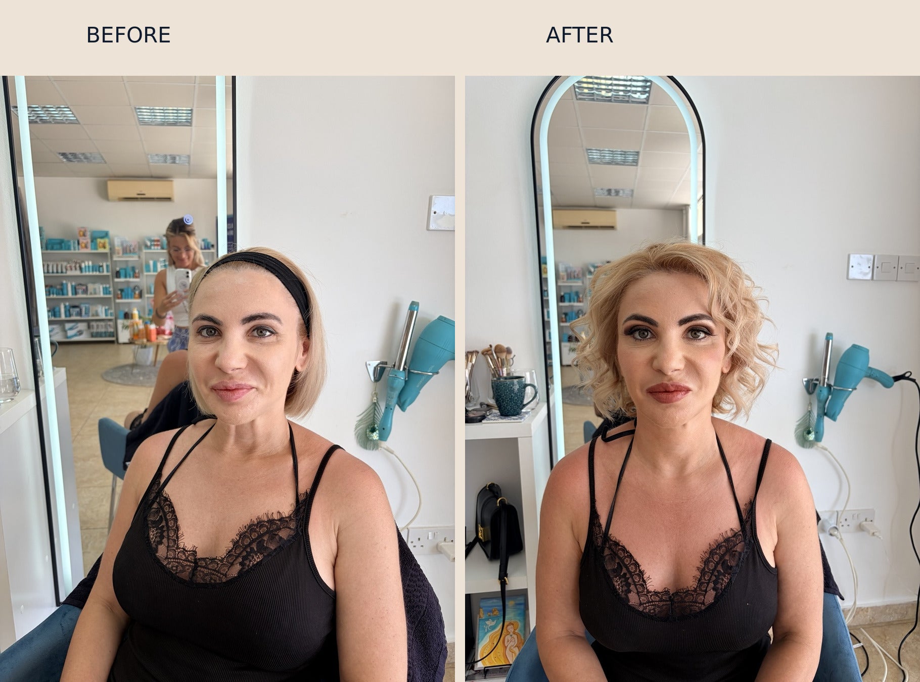 Manuela before and after professional makeup and hair styling by Georgina
