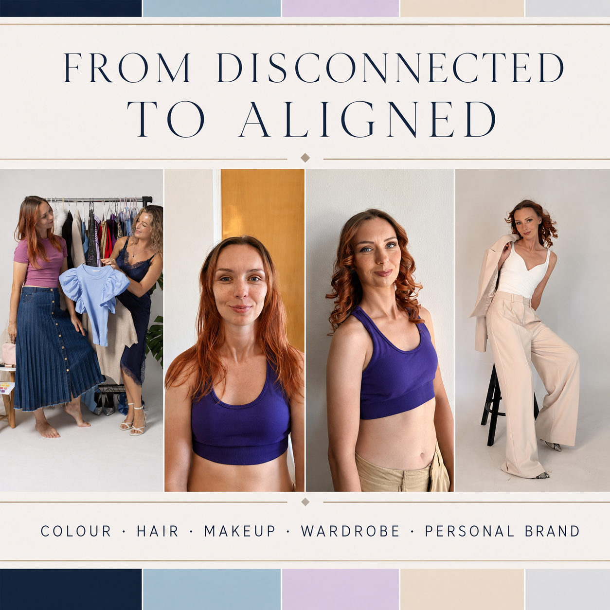 Real RE-BRAND ME client journey from wardrobe consultation and natural before to aligned hair, makeup and personal branding portrait