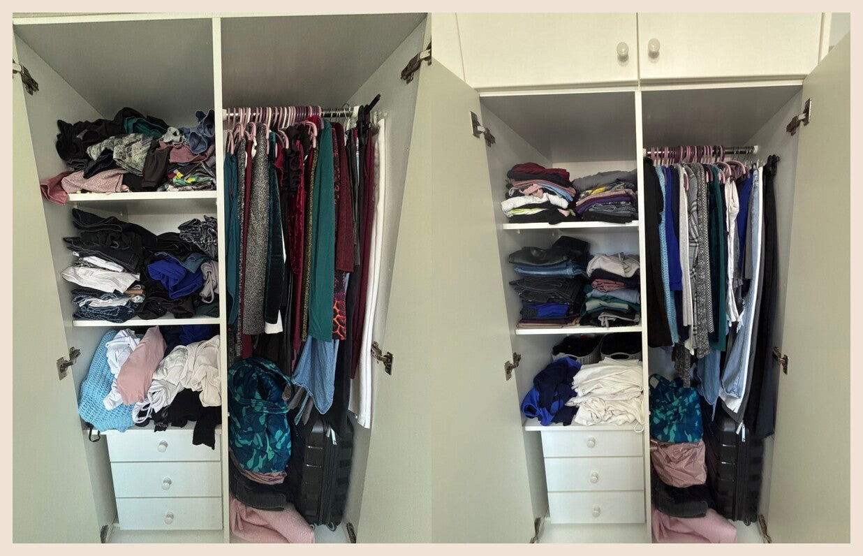 Wardrobe reset before and after, organised around the client brand palette