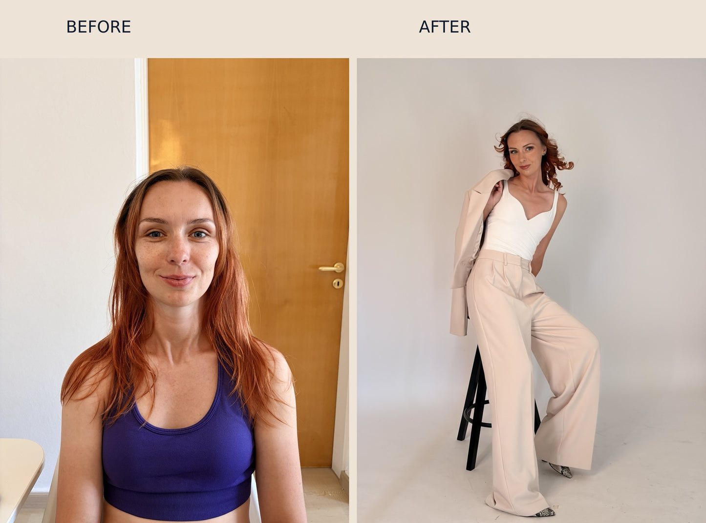 Xenia before and after colour analysis, hair, makeup and business brand photoshoot with Georgina