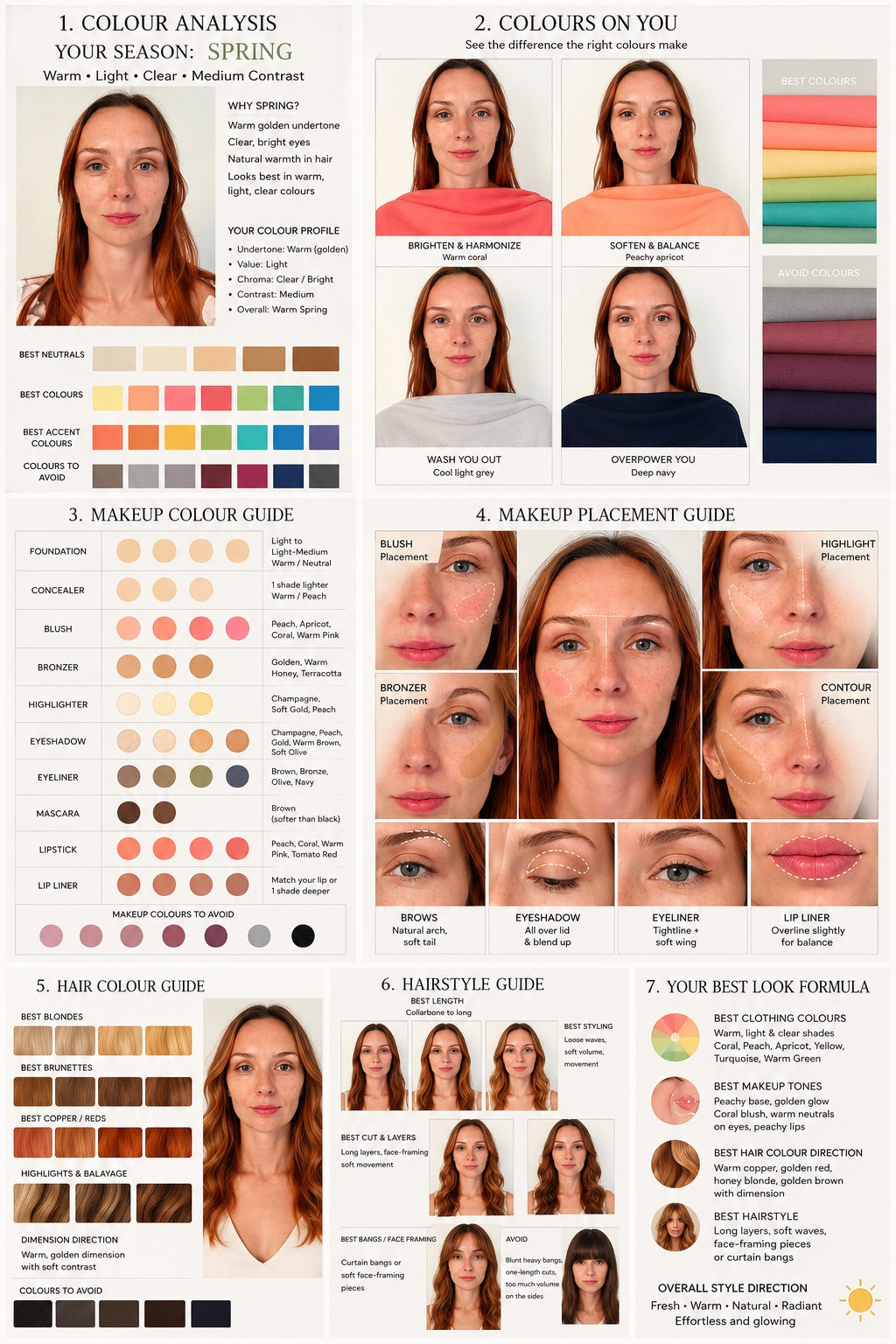 Example of a personalised RE-BRAND ME digital report covering colour analysis, makeup, hair and best-look direction